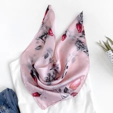 100% Silk Scarf Women Pink Rose Wrap Head Neck Hair Kerchief Headscarf 53*53cm