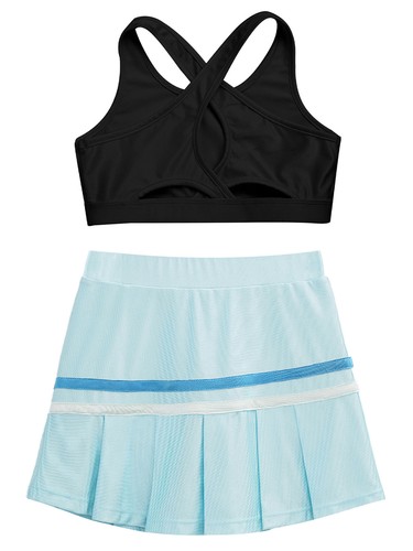 Kids Girls Crop Top With Skirt Cross Back Activewear Summer Sportswear Set Mini - Picture 68 of 83