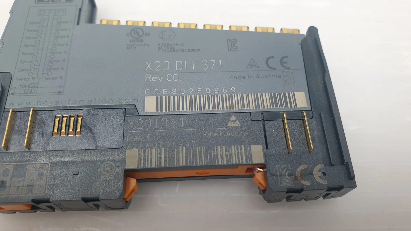 Labels X20 DI F371 Rev. C0 and X20 BM 11 Rev. H0 with serial numbers, Made in Austria