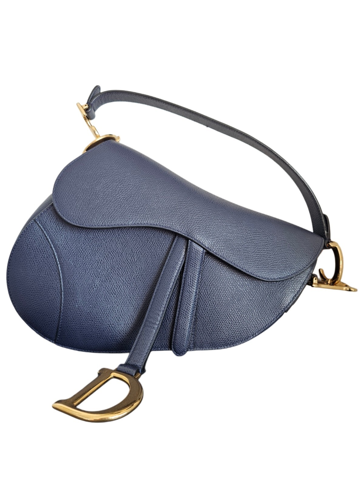 Dior Navy Blue Leather Saddle Bag with Embellished Crossbody Strap