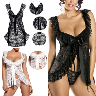 Underwear set Innocent Babydoll Night Black Low White Lingerie Cut Women  Sexy | eBay