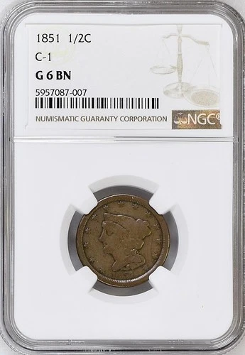 1851 BRAIDED HAIR HALF CENT C1 NGC G6 LOW BALL POPULATION OF 1