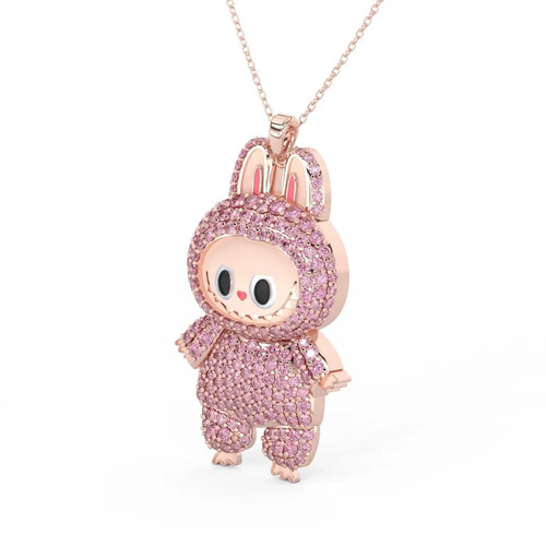 14K Rose Gold Plated Pink Lab Grown Diamond Labubu Doll Pendant HIP HOP Pendant