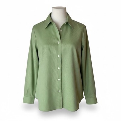 Foxcroft Green Pinstripe Wrinkle Free Button Front Blouse Women s 12P Petite