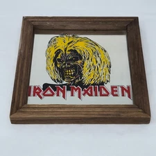 VINTAGE 1982 IRON MAIDEN SKULL CARNIVAL MIRROR SIGN WOOD FRAMED 7x7 TRANSYLVANIA