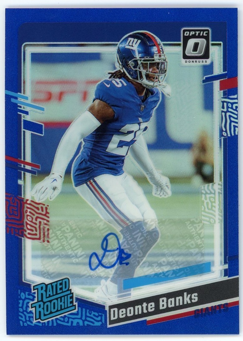 2023 Panini Donruss Optic Blue Rated Rookie Deonte Banks #/99 Auto Giants