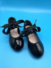 Capezio Jr Tyette Girls Tap Shoes Size 8W Black Patent Leather Ribbon Tie Dance