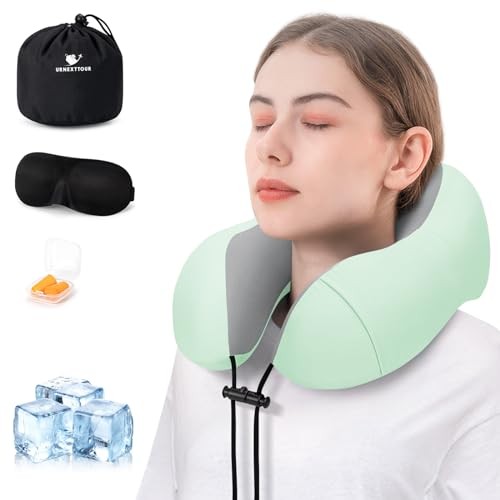 Memory Foam Travel Neck Pillow with Cooling Sage Cover for Airplane Comfort
