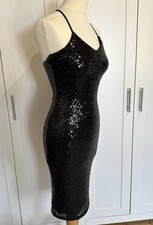BOOHOO * SIZE 6 * BNWT * BLACK SEQUIN MIDI SPARKLY FITTED STRAPPY BODYCON DRESS