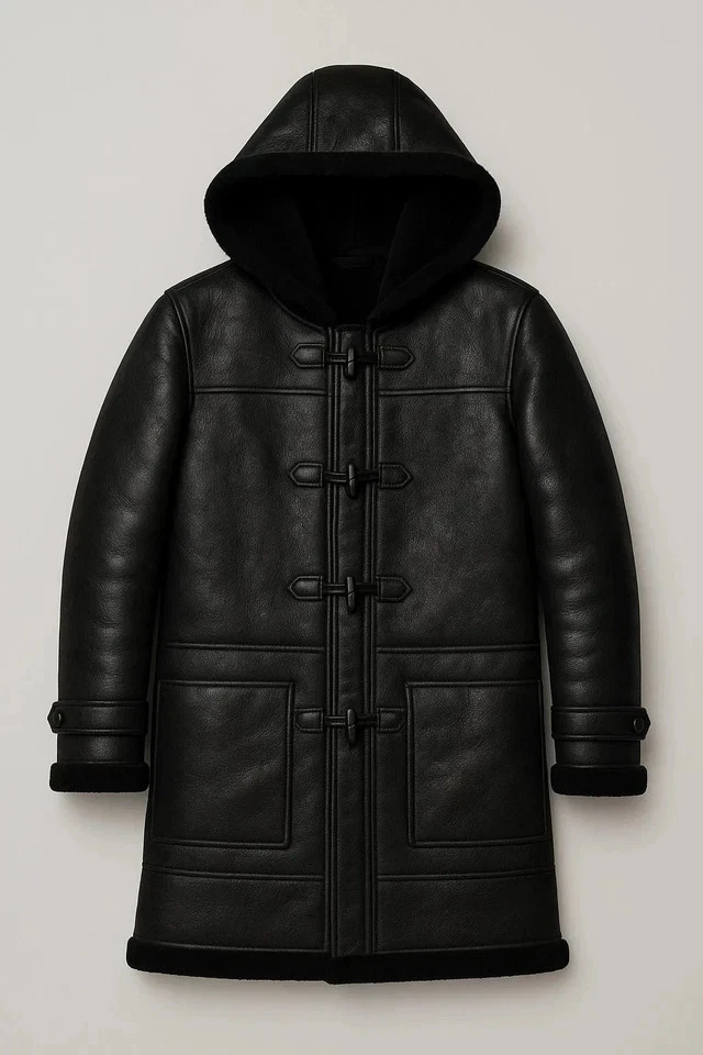 Men’s Black Faux Shearling Leather Hooded Coat | Genuine Sheepskin Winter Jacket - Image 4 of 4