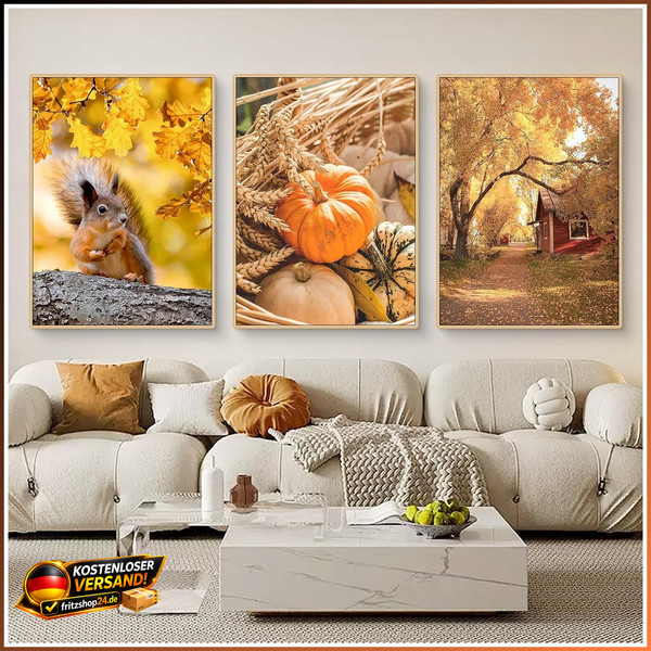 Herbst Poster Set 3Er EichhöRnchen KüRbis BläTter Wandbilder 30X40Cm Deko-image