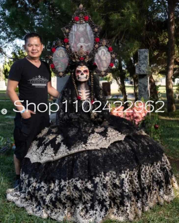 Vestidos de Halloween Charro Catrina dorados negros mexicanos manga larga apliques encaje Foto 3 de 4
