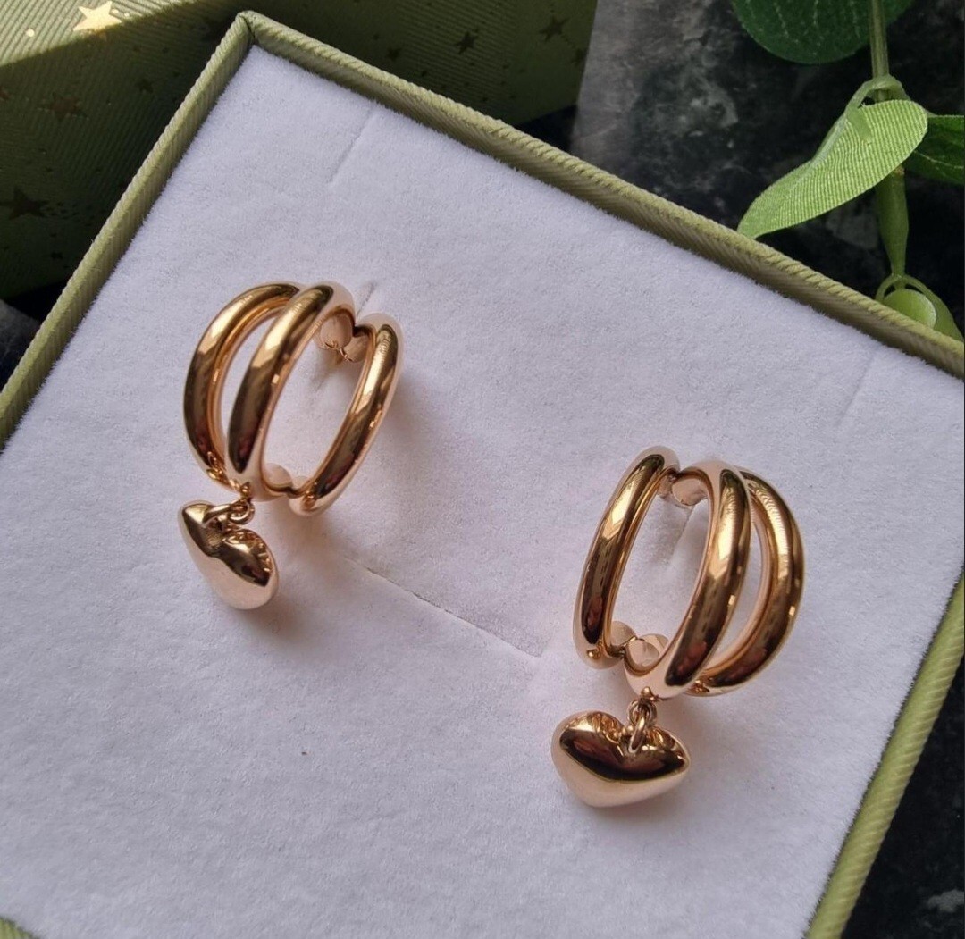 Hoop Earrings With Dangling Heart 18k Gold Plated Hypoallergenic Nickel Free-image