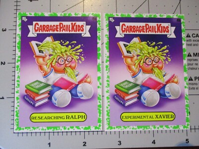 GARBAGE PAIL KIDS book worms ralph xavier research 2 STICKER CARD SET green 4ab