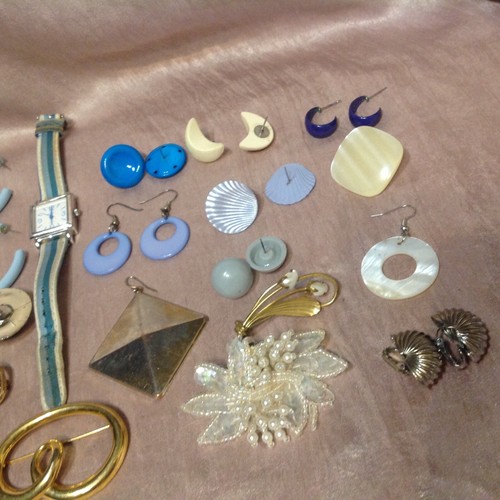 Grab Bag of Mixed Jewelry Vintage to Now Monet Pin Peugeot Watch MOP Earrings - Picture 5 of 6
