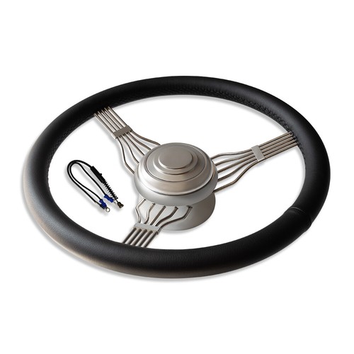 15" Chrome Full Wrap Black Steering Wheel w/Built-in Adapter & Horn Button - Picture 8 of 8