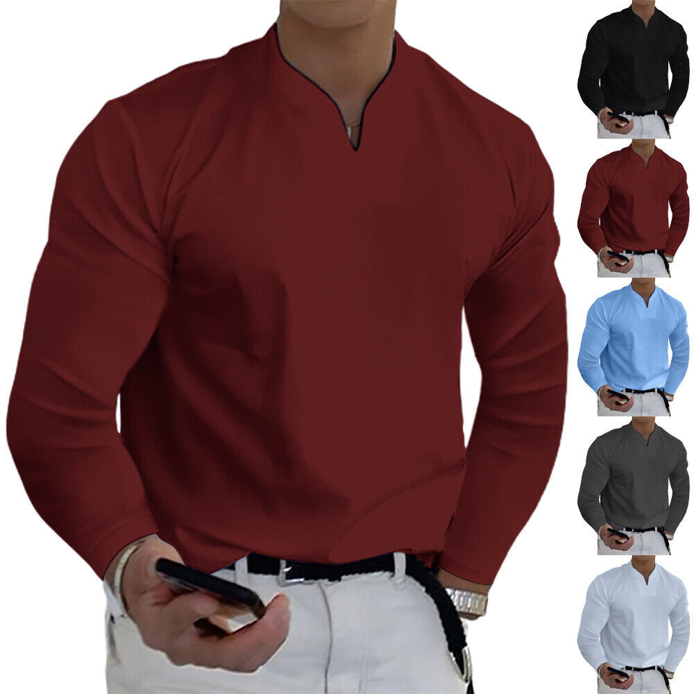Men V Neck Casual Shirt Long Sleeve Collarless Shirts Formal Blouse