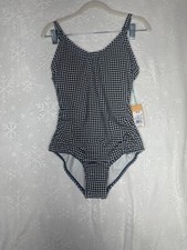 Textured Gingham Ruched Full Coverage 1 Piece Swimsuit Kona Sol Black S 4-6