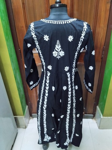 ANARKALI S M L XL 2XL HANDMADE CHIKAN EMBROIDERY ETHNIC 100% COTTON TOP KURTI - Picture 6 of 7