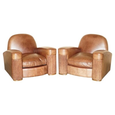 STUNNING PAIR OF ORIGINAL ART DECO HERITAGE BROWN LEATHER CIRCA 1920'S  ARMCHAIRS UK