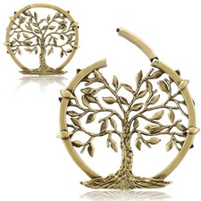 PAIR 6G 4mm BIG HOOPS HINGED BRASS EAR WEIGHTS TREE OF LIFE PLUGS TUNNELS