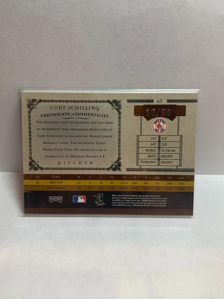 2005 Prime Cuts Material Jersey #63 Curt Schilling #'d/50 - Image 2 of 2