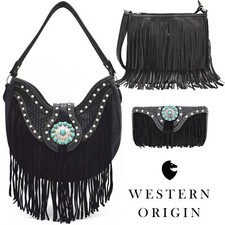 Western Fringe Purse Conchos Handbag Women Shoulder Bag Crossbody Wallet Black