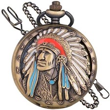 Engraved Ancient Native Indian/4th of July Pattern Quartz Pocket Watch red