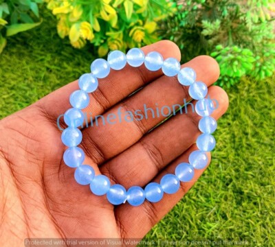 Aqua Chalcedony Round Bead Bracelet Elastic, 6mm/8mm/10mm/12mm Beads, 
