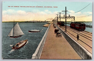 Two Million Dollar Causeway Trains Cars Boats Galveston TX C1910s Postcard AB17