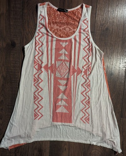 Voice of California Coral & White Rhinestone Embellished Tank Top Size XL Aztec