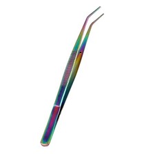 Titanium Rainbow Color Stainless Steel Tweezers, with Curved Serrated Tip