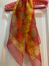 Vintage 1980 16x44 chiffon red yellow brown circles scarf