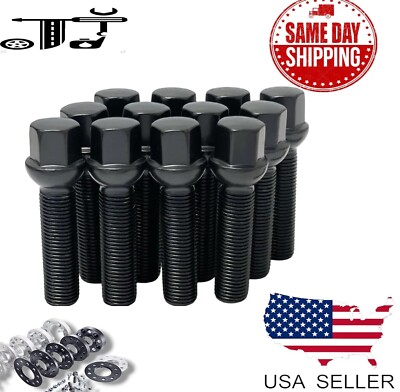10-Piece M14x1.5 Ball Seat Lug Bolts - 50mm Extended Shank Black Finish