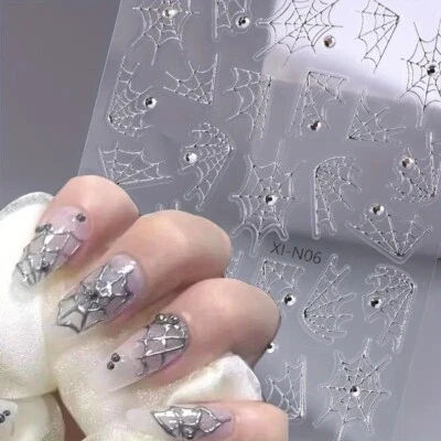 GHOST Nail Art Stickers Decals Halloween Metallic Silver Rhinestone Spider Webs XIN06