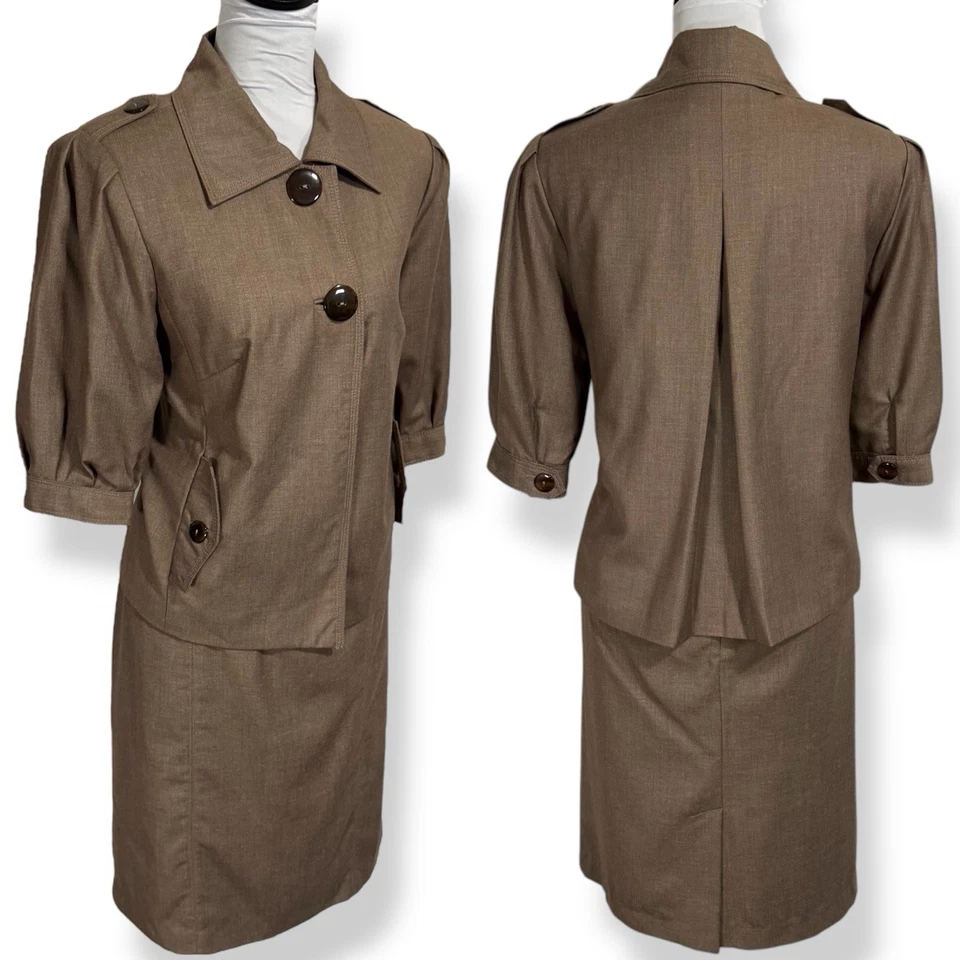 Conjunto de traje falda vintage Harve Benard talla 12 marrón charreteras safari plisadas 2 piezas Foto 4 de 4