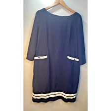 Talbots Shift Dress Navy Blue Nautical Ribbon 3/4 Sleeves Pockets size 12 petite