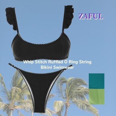 ZAFUL Whip Stitch Ruffled O-Ring String Bikini Swimwear High Stretch