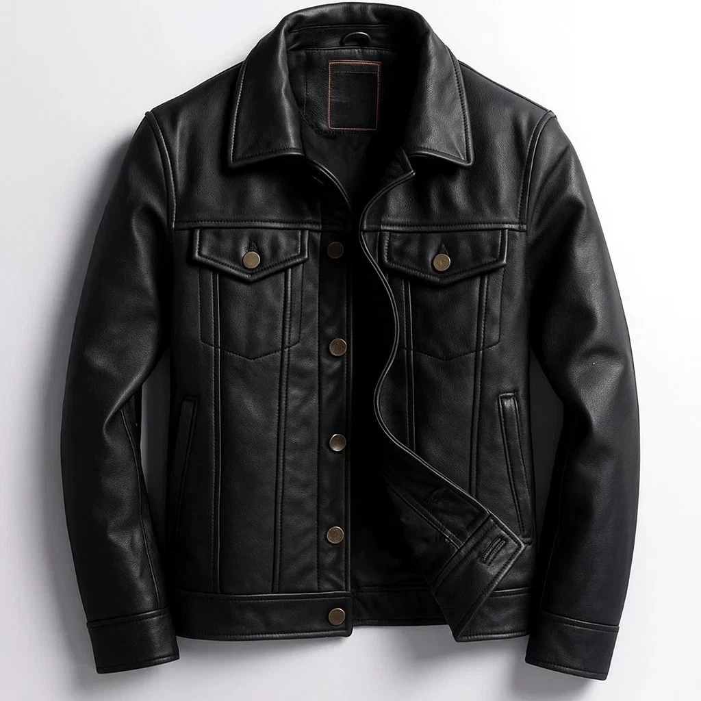 Men's Genuine Lambskin Black Leather Trucker Jacket Denim Style Coat Jacket
Opens in a new window or