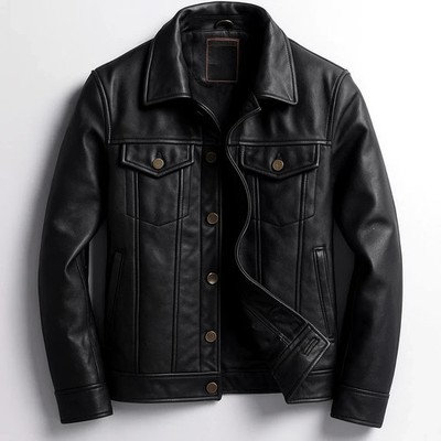 Herren Echt Lammleder Schwarz Leder Trucker Jacke Jeans Stil Mantel Jacke