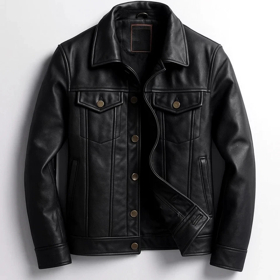 Herren Echt Lammleder Schwarz Leder Trucker Jacke Jeans Stil Mantel Jacke - Bild 1 von 4