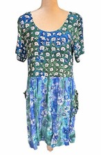 Vintage 90s Jams World Floral Tie Dye Dress Women’s L Pockets Blue Green Rayon