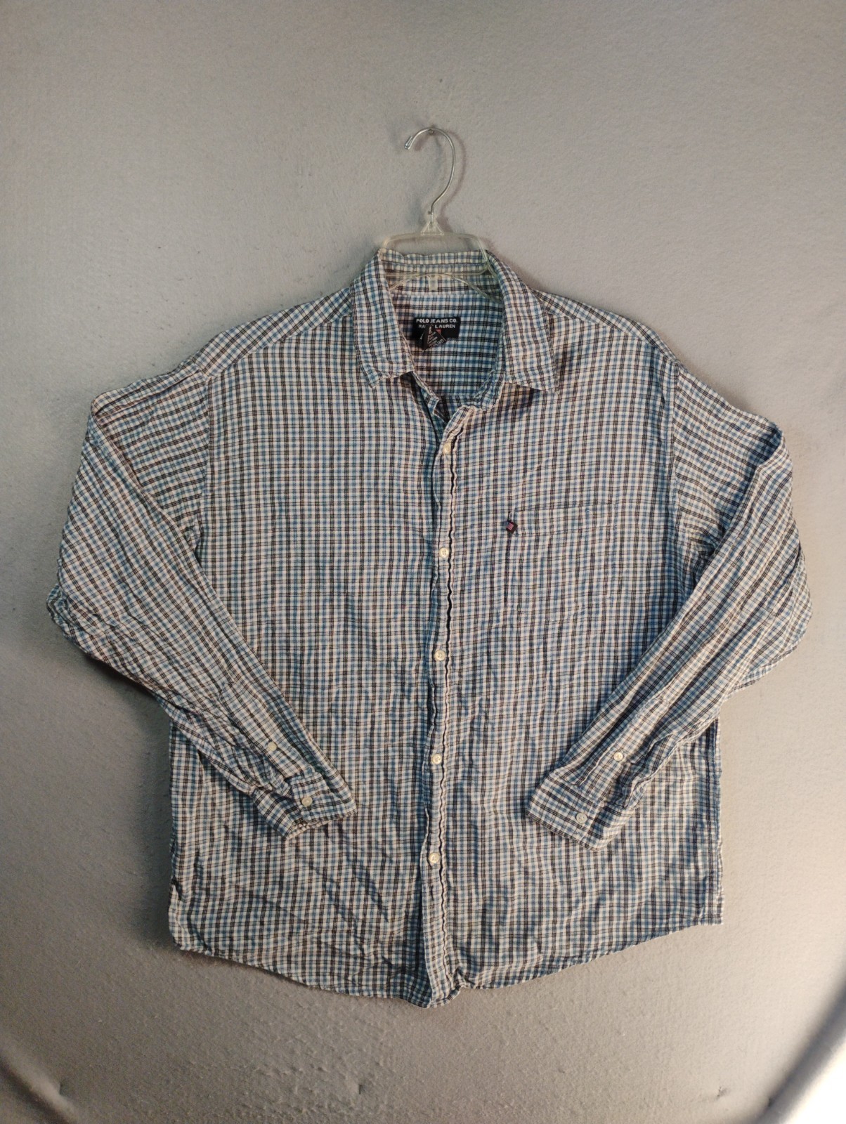 VTG Polo Jeans Co Ralph Lauren Mens Shirt Large Blue Check Long Sleeve Button Up