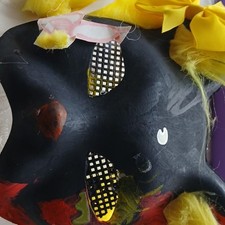 Decorative Cat Mask Black Yellow Fur Ribbon Plastic Synthetic Face Mounted