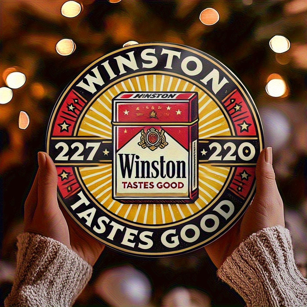Vintage Winston Cigarette Box Metal Wall Art 8 Inch Round Retro Design