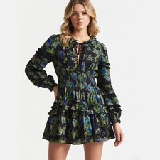 LoveShackFancy NWT Clarkie Deep Blue Floral Smocked Long Sleeve Mini Dress Small