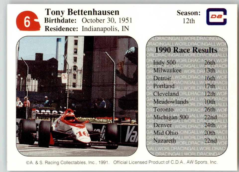 Tony Bettenhausen - 1991 All World - #6 - Racing - Image 2 of 2