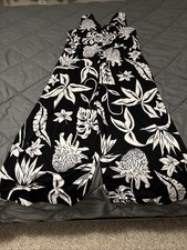 Cuddl Duds Size Large L Black Tropical Hawaiian Plants Wide Leg Soft Jumpsuit