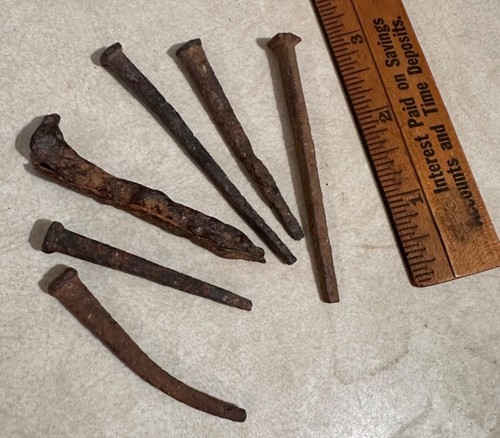 Antique 18th Century Square Nails Lot Of 7 Hand-Forged Rusted Iron Nails For Res