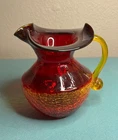Vintage Blenko Amberina Tangerine Crackle Glass Pitcher Hand Blown Ruffled Rim